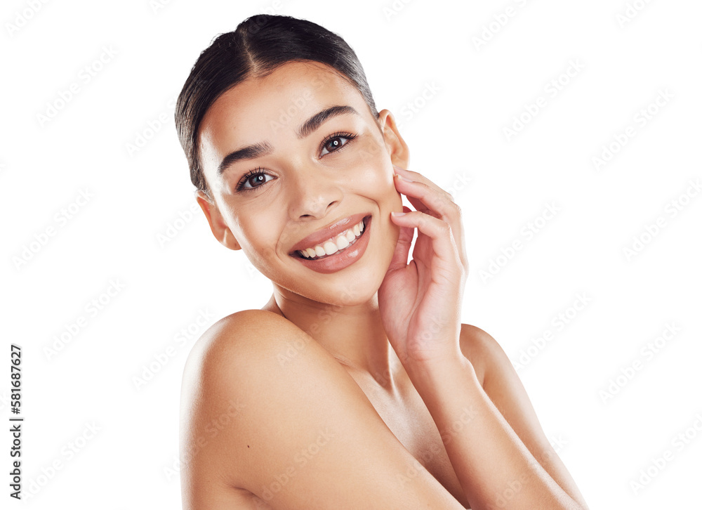 Youth, skincare and portrait of a happy woman with glowing, smooth facial skin isolated on a png bac