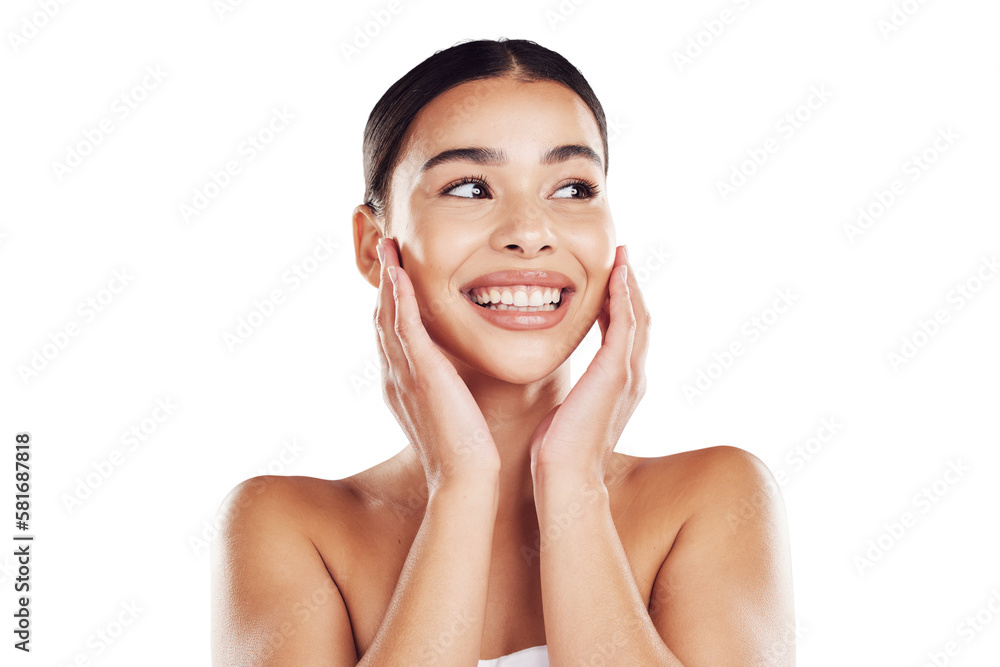 Idea, skincare and dermatology of a smiling woman with joy about her glowing skin facial routine iso