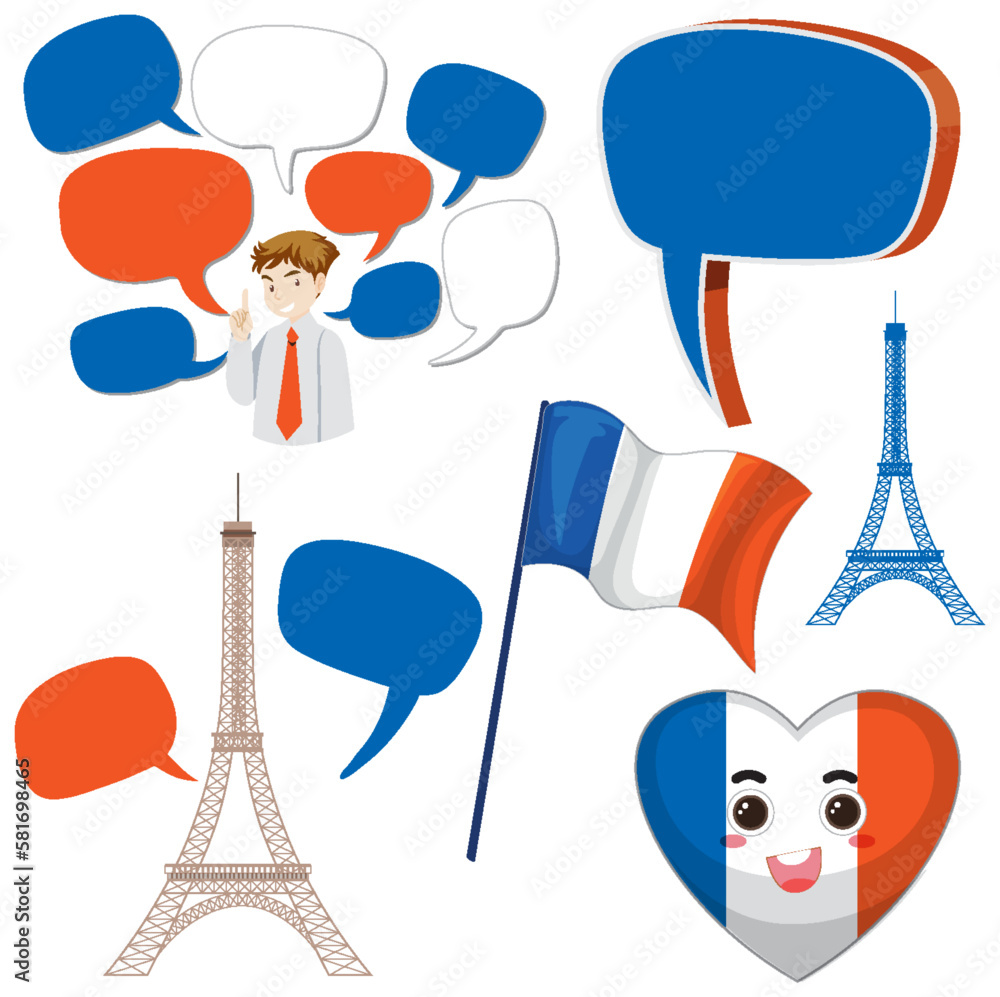 France icons set with speech bubbles