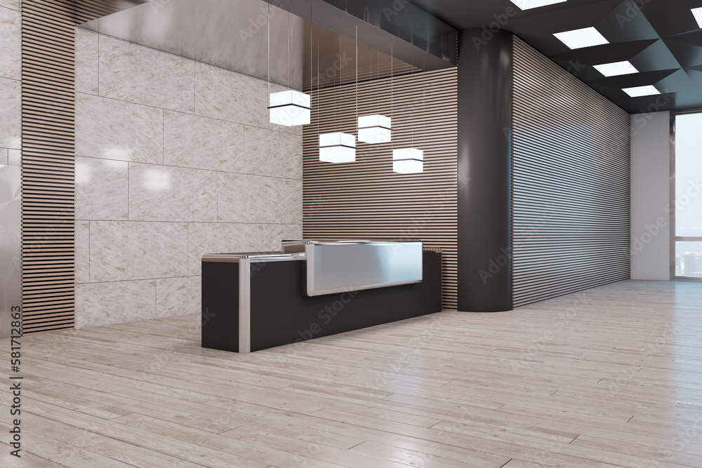 Perspective view on empty stylish dark and metallic reception desk in modern interior design busines