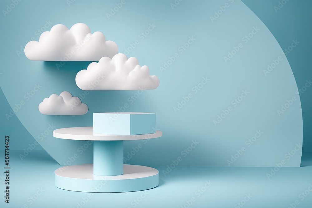 podium display with a cloudy, light blue background. display for minimal beauty products with shadow