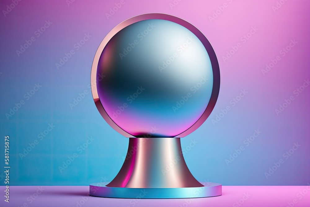 Illustration of a spherical metal podium with a pink, purple, and blue background gradient. Generati