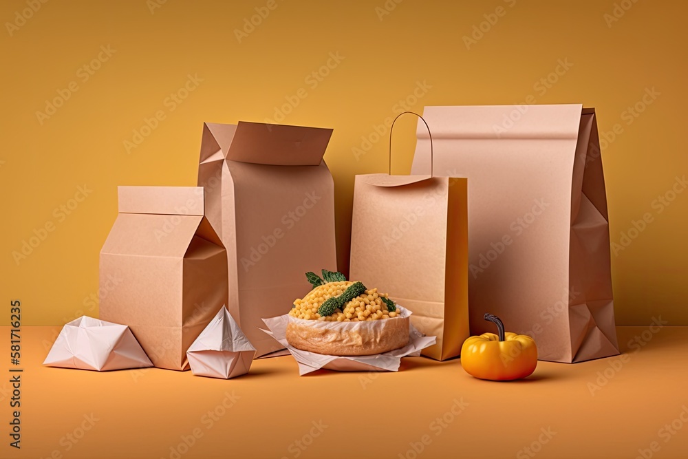 Different packages on table against color background. Food delivery service. Generative AI