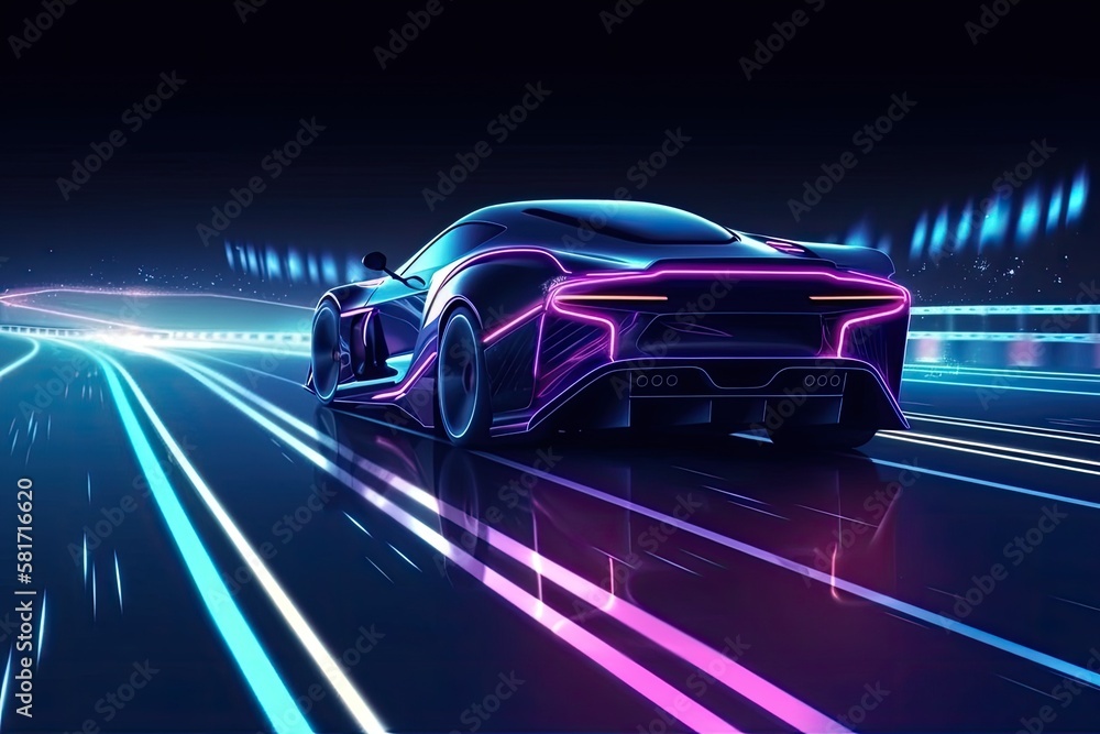 Modern Sports Car Driving On Neon Highway. Supercars quick acceleration on a nighttime track with e