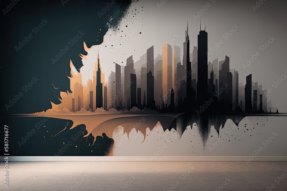 Wallpaper with an abstract city skyline and asphalt. Generative AI