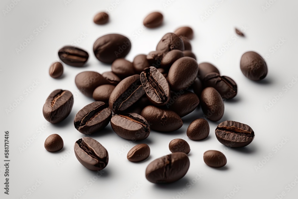 coffee beans close up, isolated on a white backdrop. Generative AI