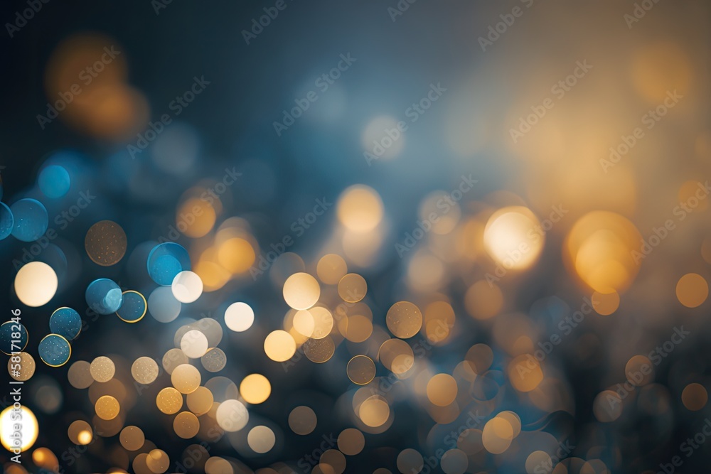 Background of defocused, gold, silver, blue, and white vintage lights with glitter. Generative AI