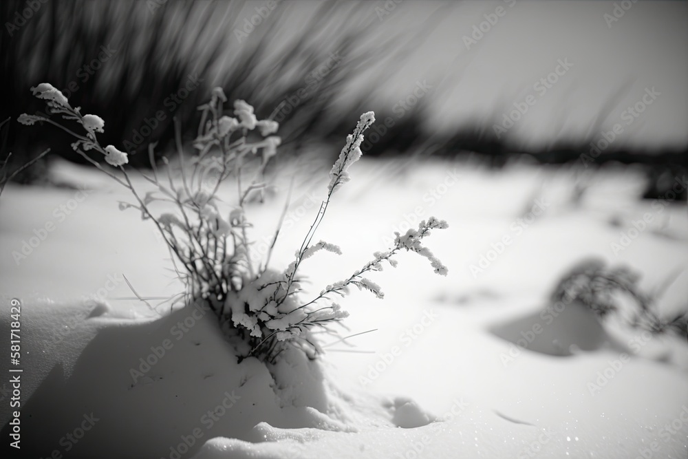 Fuzzy and noisy black and white film photography of the winter. thin plants trudging across snowdrif