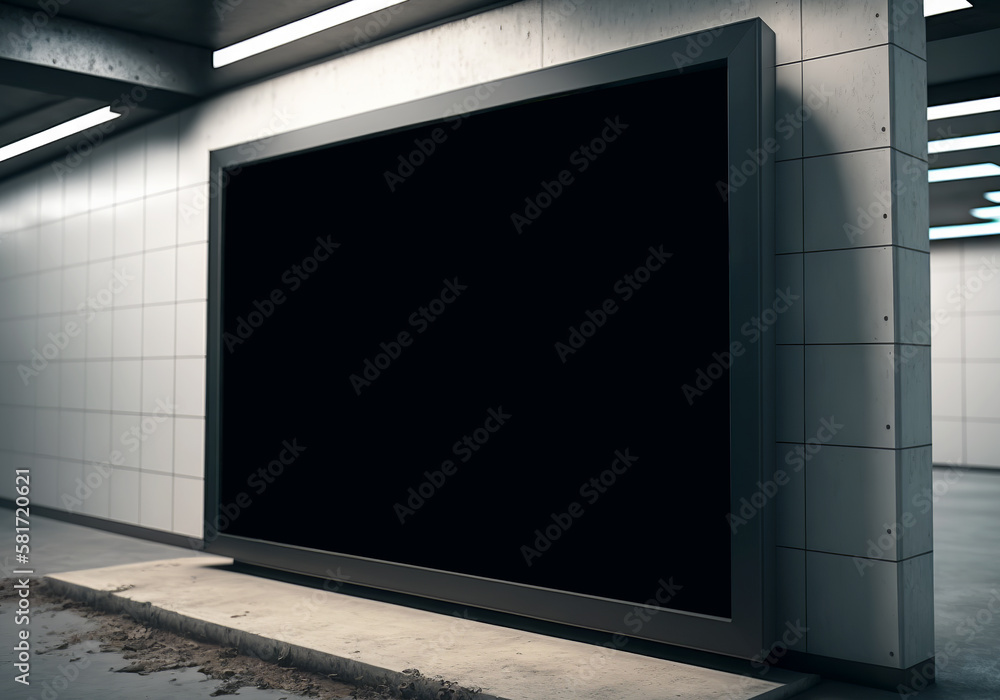 Horizontal billboard on underground wall Mockup. Hoarding advertising on train station. Generative A