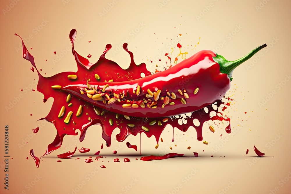 Red chili pepper with splashes and cuts on a plain colored background. Generative AI