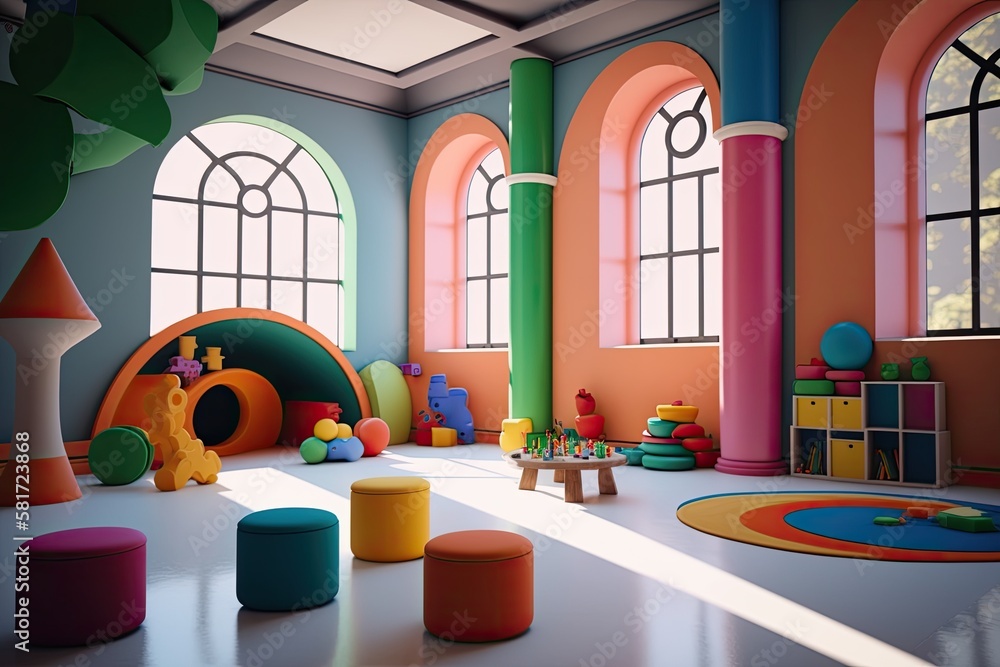 Picture of preschool playroom with colorful furniture, and toys around empty kindergarten. Generativ