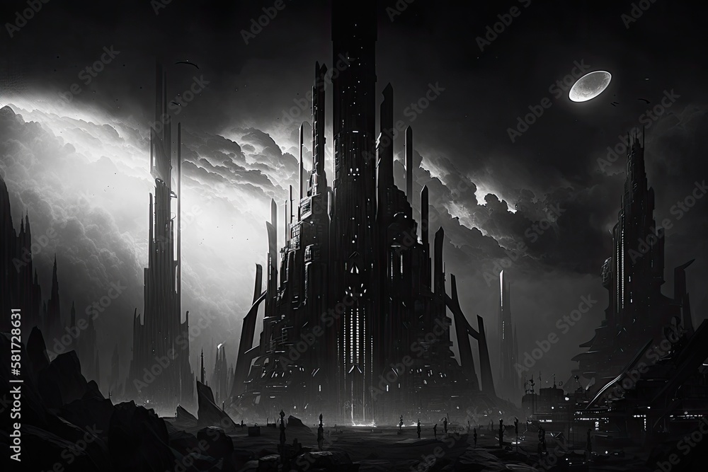 sketched futuristic metropolis in a dark fantasy. Generative AI