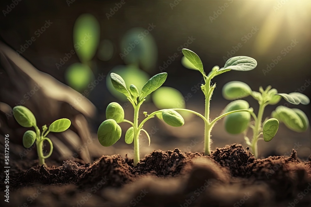 Sprouts of young pea plants grow in rows in a field. Selective focus. Generative AI