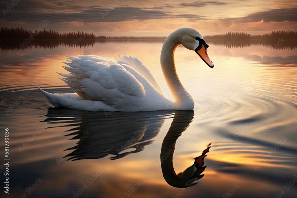 Swan floating on the water as the day begins. Generative AI