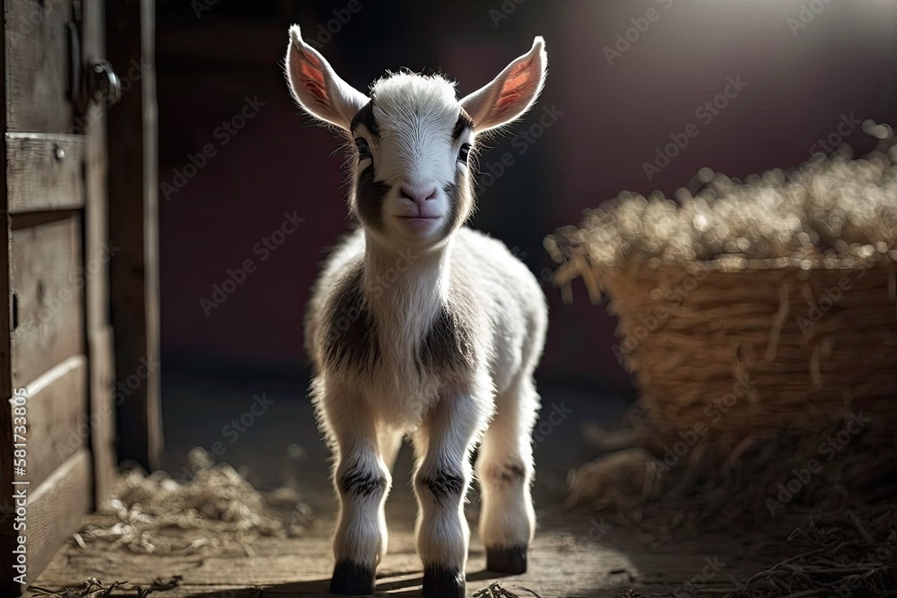 a cute baby goat in the summer. animal farm. Generative AI