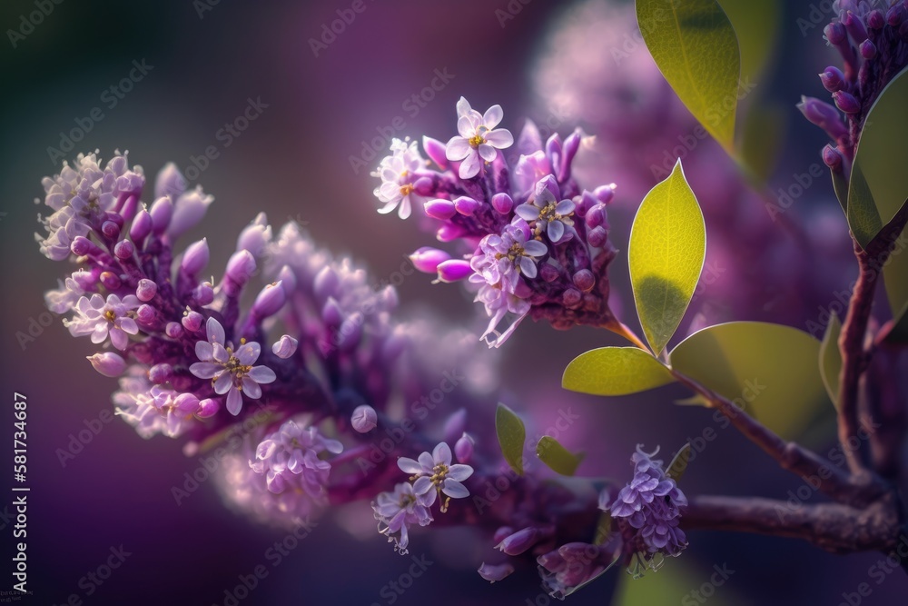 Beautiful, little lilac blossoms with a background of fuzzy nature. Close up photography. Generative