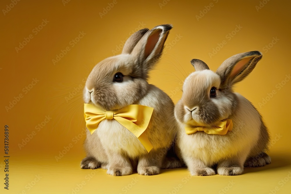 two Adorable bunnies in a bow on a vivid yellow background. amusing animal. Generative AI