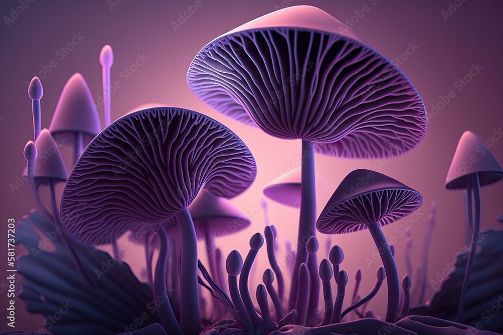 Light and shadow contrast in an abstract background with pastel purple wild magic mushroom caps and 