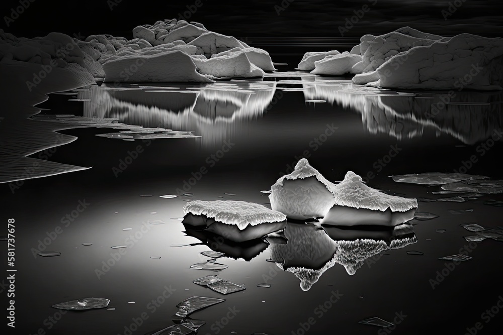 Real lovely ice floes in dark water, captured in black and white. Generative AI