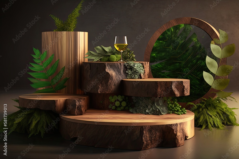 Presentation of natural, organic products. podium components made of wood slabs and greenery. Genera