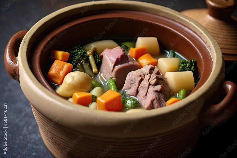 Steamed Meat and Vegetables in a Ceramic Pot a Dish from Hong Kong. Generative AI