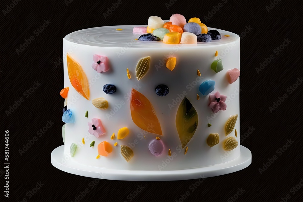 Round white wedding cake with frosted icing and colorful candied fruits, seen from the side. Generat