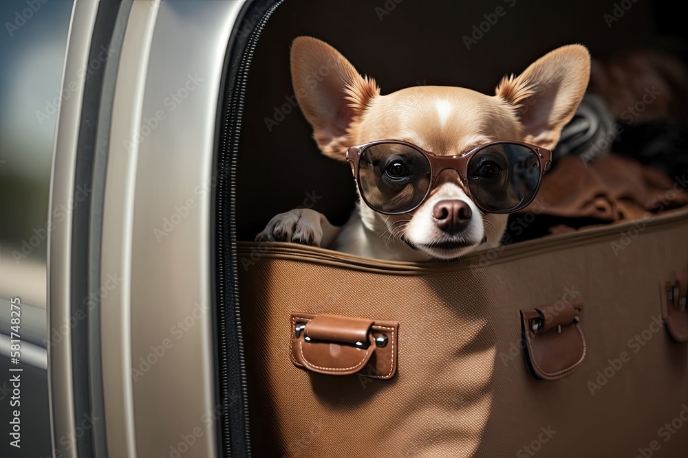 A brown chihuahua dog wearing sunglasses is pictured sitting in front of a travelers pet carrier ba