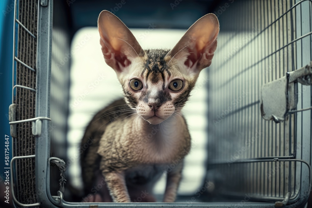 Cornish breed Rex the cat being examined in the clinic. animal health Animal care. homeless cat in a