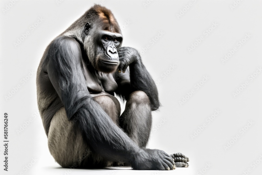 Sitting Silverback Gorilla On White Background. Generative AI