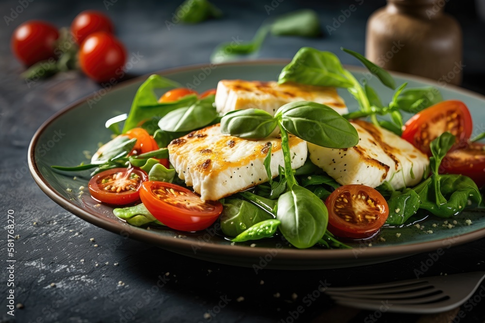 Close up of a vegetable salad featuring fried halloumi and tomatoes for the ketogenic diet. Deliciou