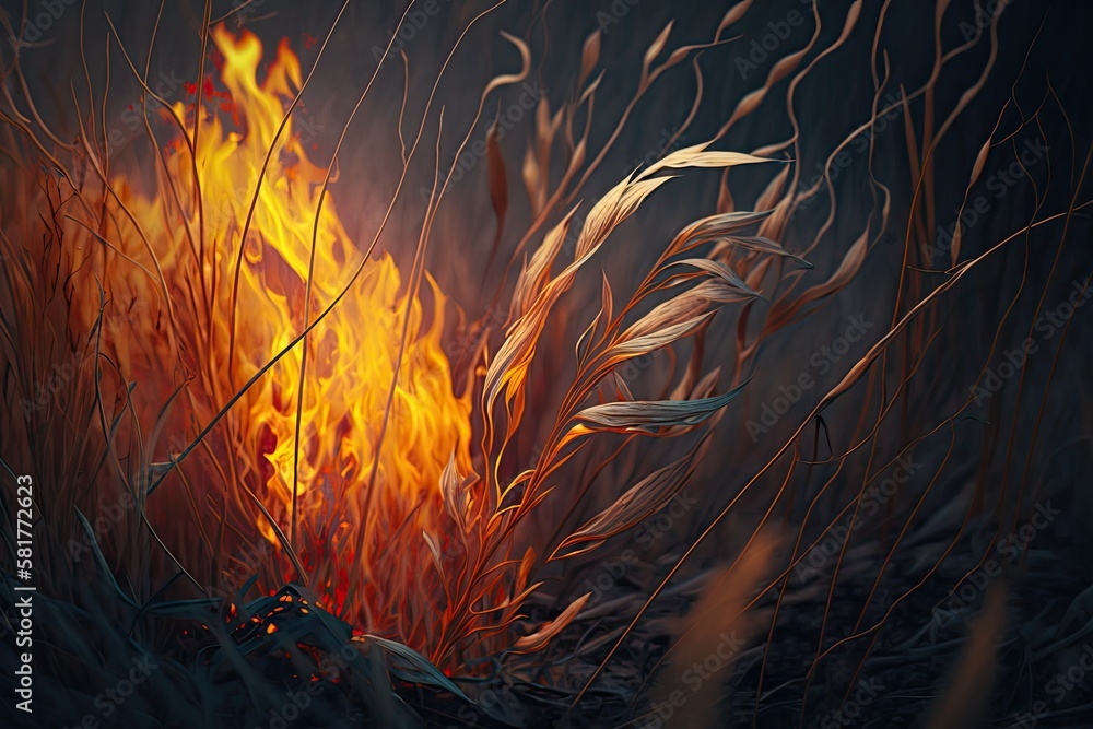 burnt old, dried out grass. Burning dry, yellowed grass with tongues of crimson flame. Generative AI