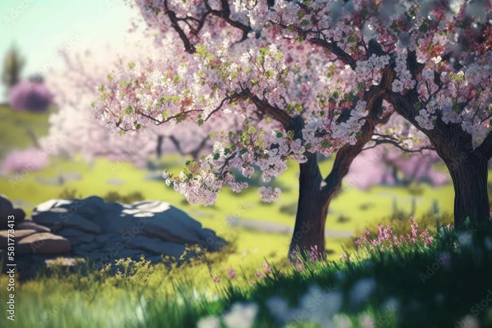 Background of a springtime bloom. Beautiful natural view on a sunny day with a blossoming tree. spri