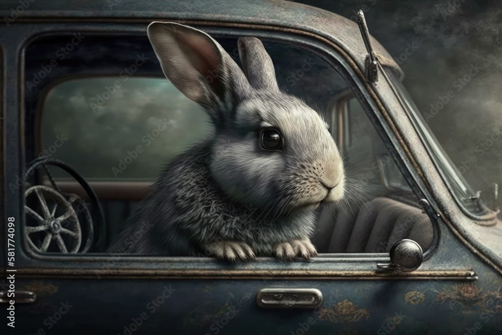 the gray rabbits head in the automobile. Generative AI