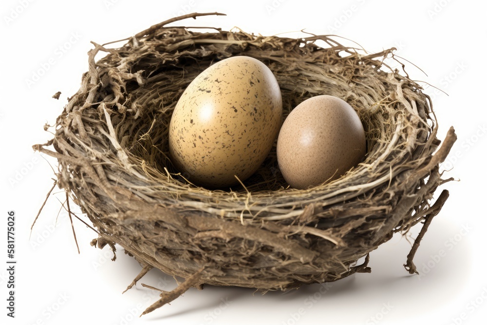 bird nest with two eggs isolated on white background. Generative AI