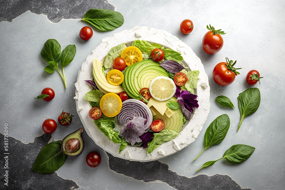 On a white marble table, a summer salad with cherry tomatoes, avocado, and radicchio leaves. idea of