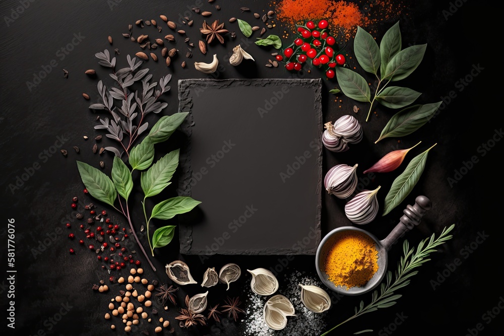 Spices and herbs on a background of black stone. with copy space, the top view. Generative AI