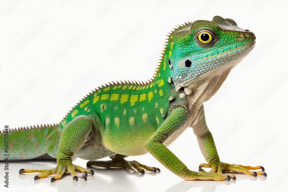 Gastropholis prasina, a green bellied lizard, standing alone on a white background. Generative AI