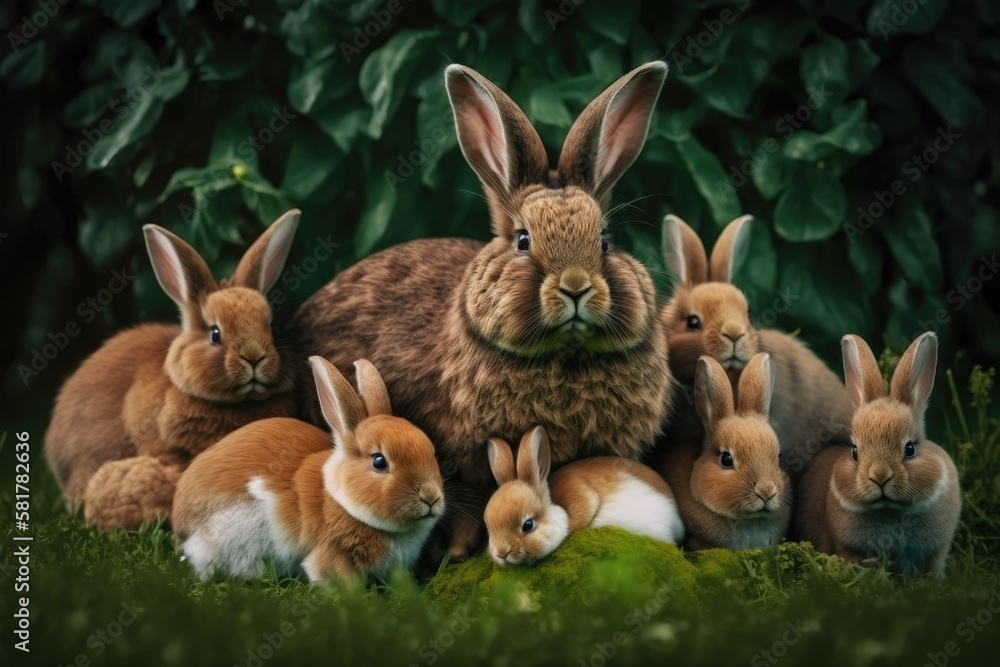 Bunch of healthy, adorable, brown, fluffy Easter bunnies with fluffy babies on a background of a gre