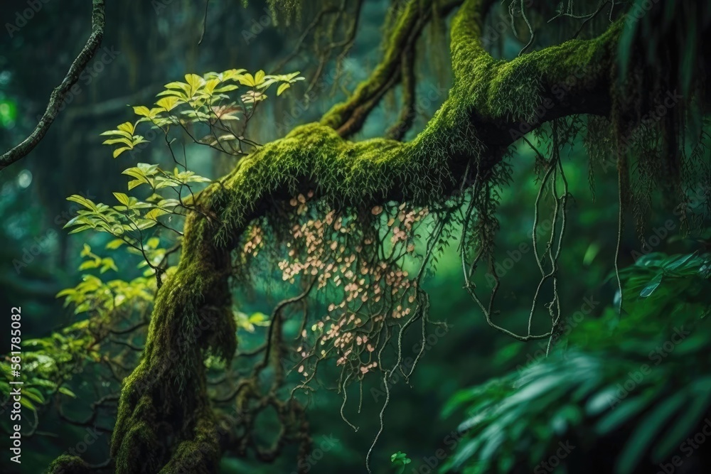 Tropical woodland tree branch covered in moss. Generative AI