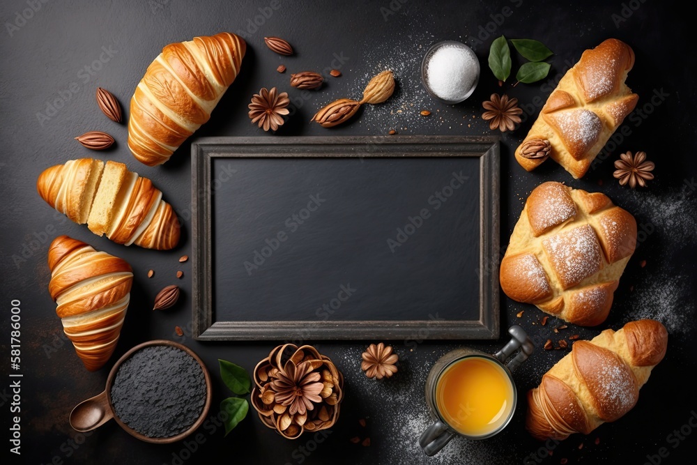 Homemade breads or buns, croissants, and bakery components on a background of black slate, with a to