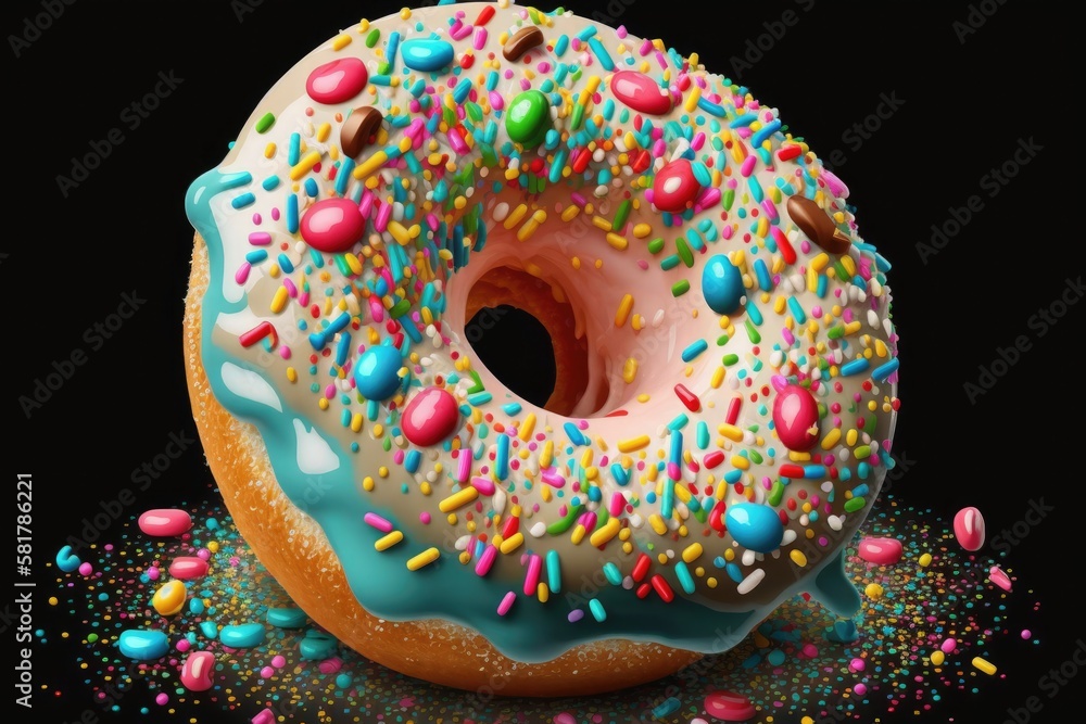 Donut. sweet meal covered in frosting. colorful dessert snack sprinkles with glaze. breakfast treat 