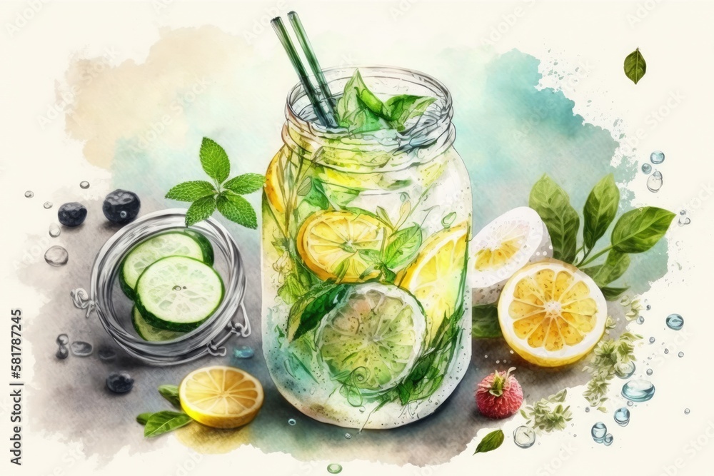 Concept for health care, exercise, and a nutritious diet. Lemonade, cocktail, detox beverage, and fr