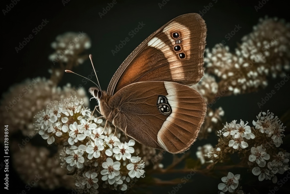 Braun butterfly with closed wings on a white flower. High quality photo.. Selective focus. Generativ