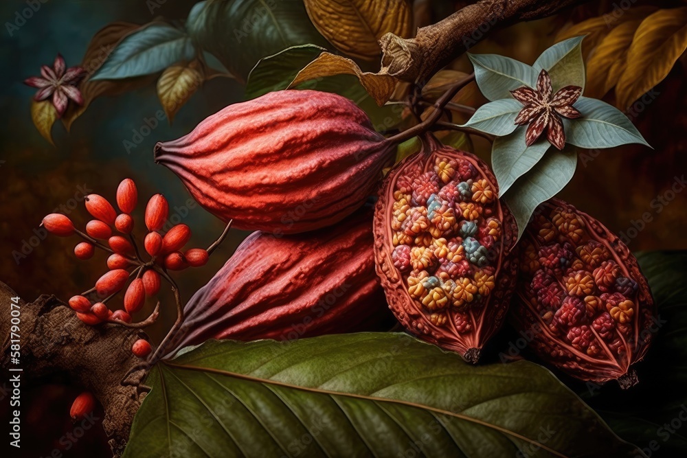 Red cocoa fruit on the tree, uncooked cacao beans, and cocoa pods. Generative AI