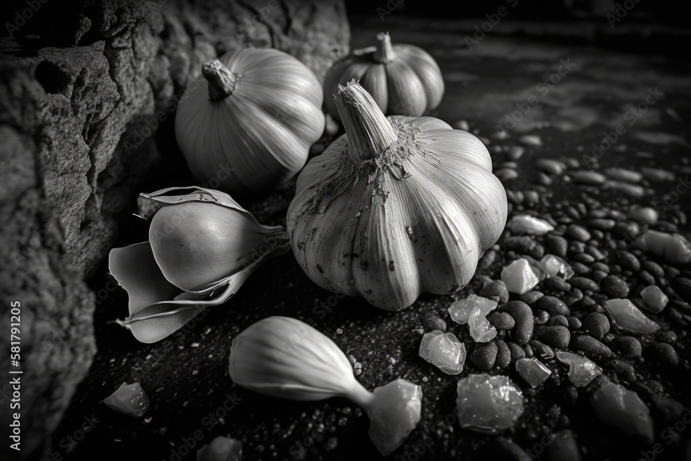 Garlic harvest, heads on gray concrete. Macro photography, a rural scene in the fall, and a dark ima