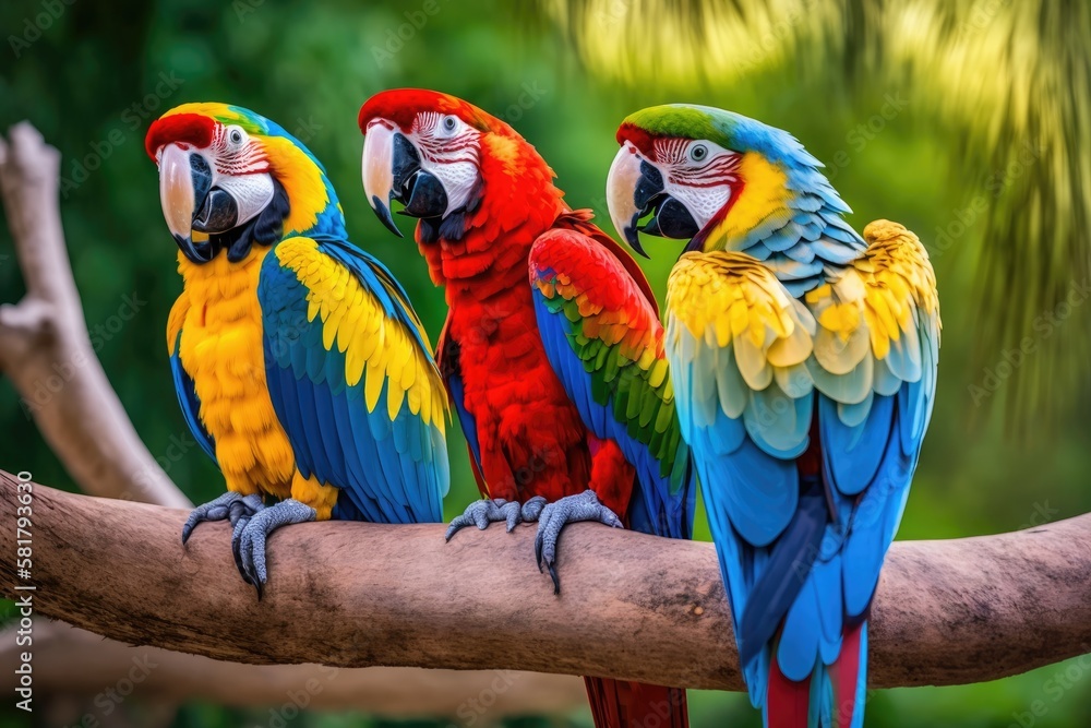 Colorful red, yellow and blue macaws in Parque das Aves (Birds Park) n the city of Foz do Iguaçu, cl