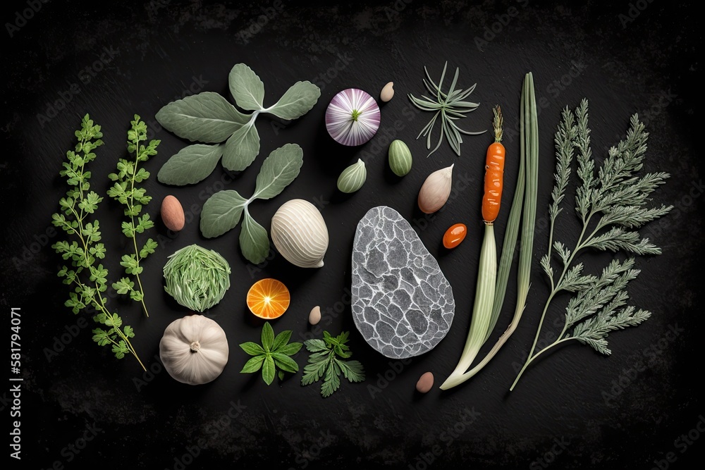 Top view of a collection of herbs and vegetables on a black stone background. Generative AI