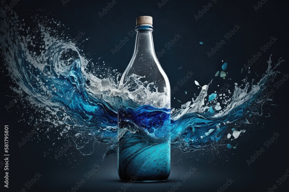 a bottle with blue water splashes. Generative AI