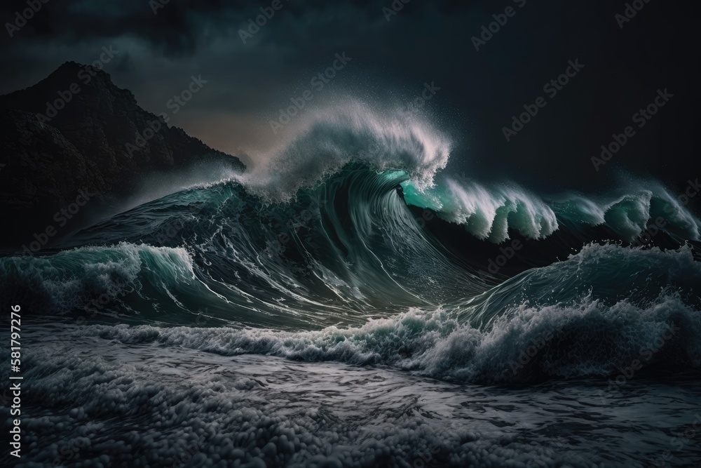 Black Sea waves breaking during the night. Generative AI