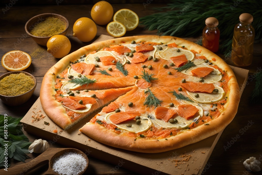 On a white wooden board, salmon topped Roman pizza is presented. traditional seafood pizza in Rome. 